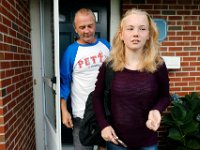 Murdoch Lynk takes his dauther, Skyla Lynk-Romano, 15, to her first day of school since her accident.  Skyla Lynk-Romano who suffered a traumatic brain injury when she was struck by a car on January 5th attends her first day of school at the Greater New Bedford Regional Vocational Technical High School after a long rehabilitation process at the Pappas Rehabilitation Hospital for Children in Canton, MA. On January 5, 2017, Skyla, a freshman at Greater New Bedford Regional Vocational-Technical High School, was crossing Dartmouth Street to meet her father after leaving the Dancer’s Edge studio when she was hit by a car and critically injured. The driver, Jessica Skaggs, 34, fled the scene before turning herself in. Skaggs has been sentenced to six months at the House of Corrections, but the sentense was suspended for two years. PHOTO PETER PEREIRA